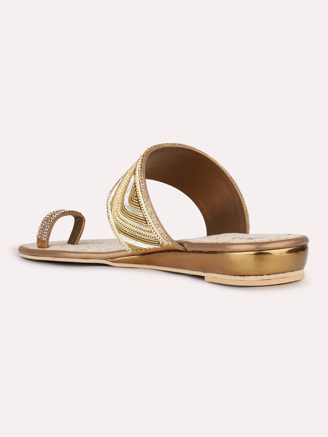 Women Golden Ethnic Embellished One Toe Slip-On Flat Sandals