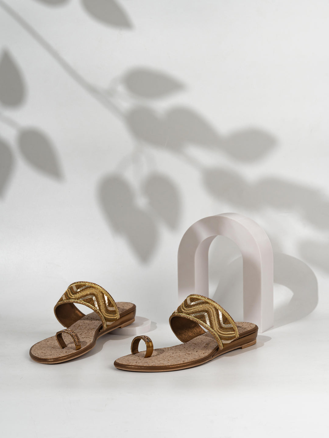 Women Golden Ethnic Embellished One Toe Slip-On Flat Sandals