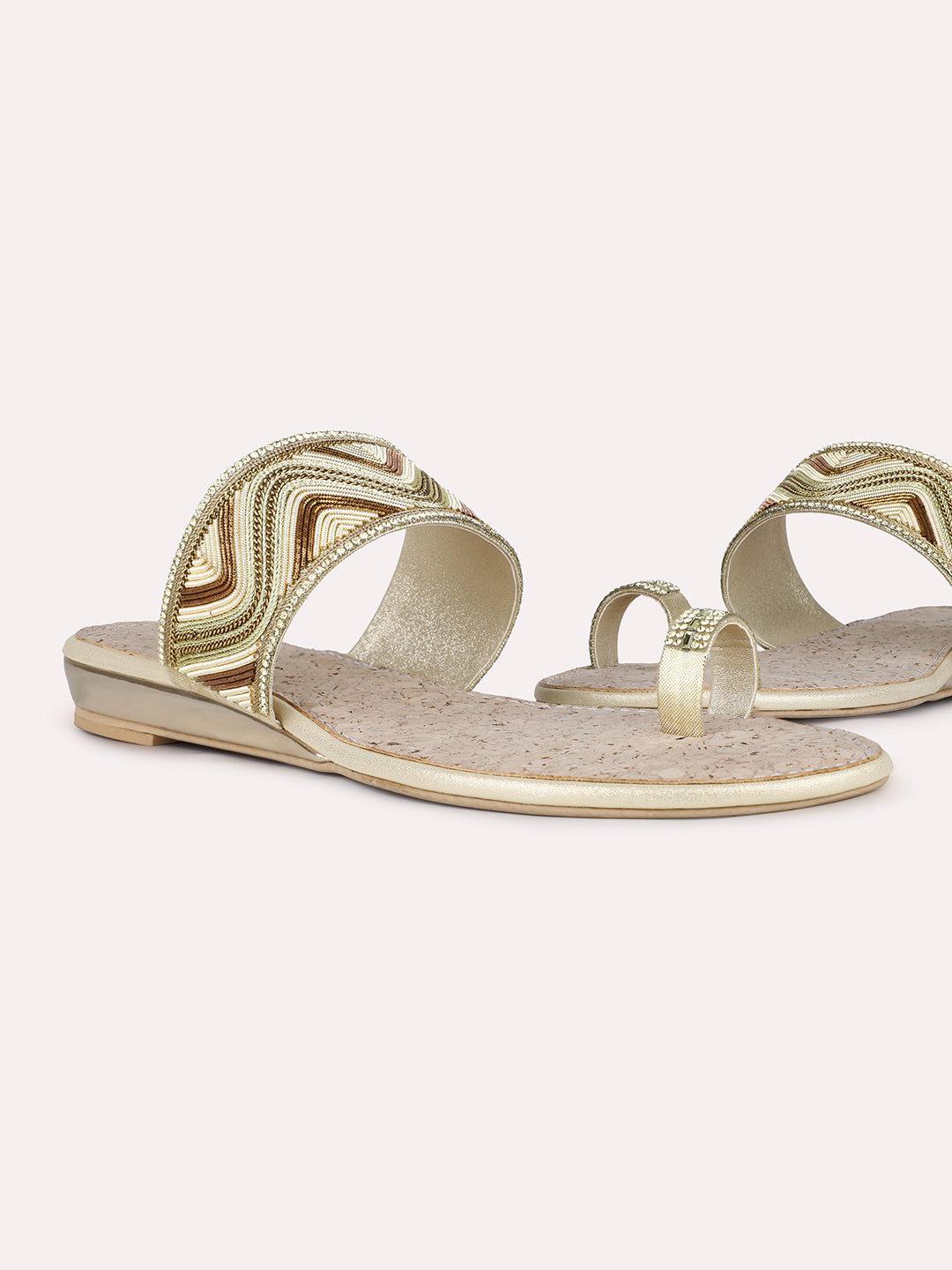 Women Golden Ethnic Embellished One Toe Slip-On Flat Sandals