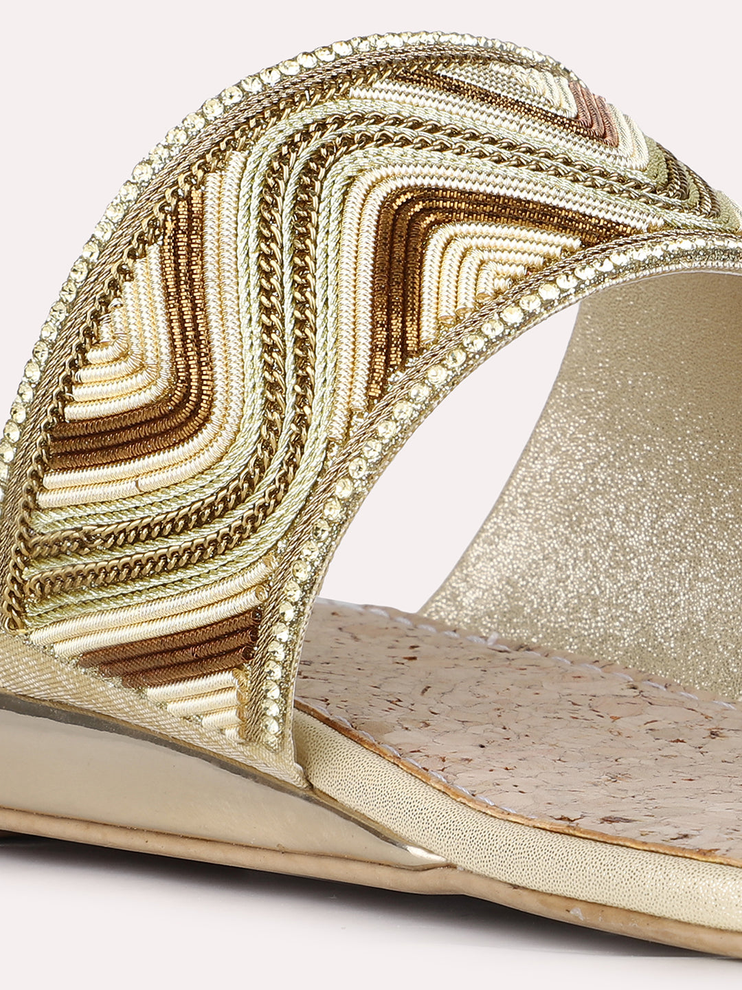 Women Golden Ethnic Embellished One Toe Slip-On Flat Sandals