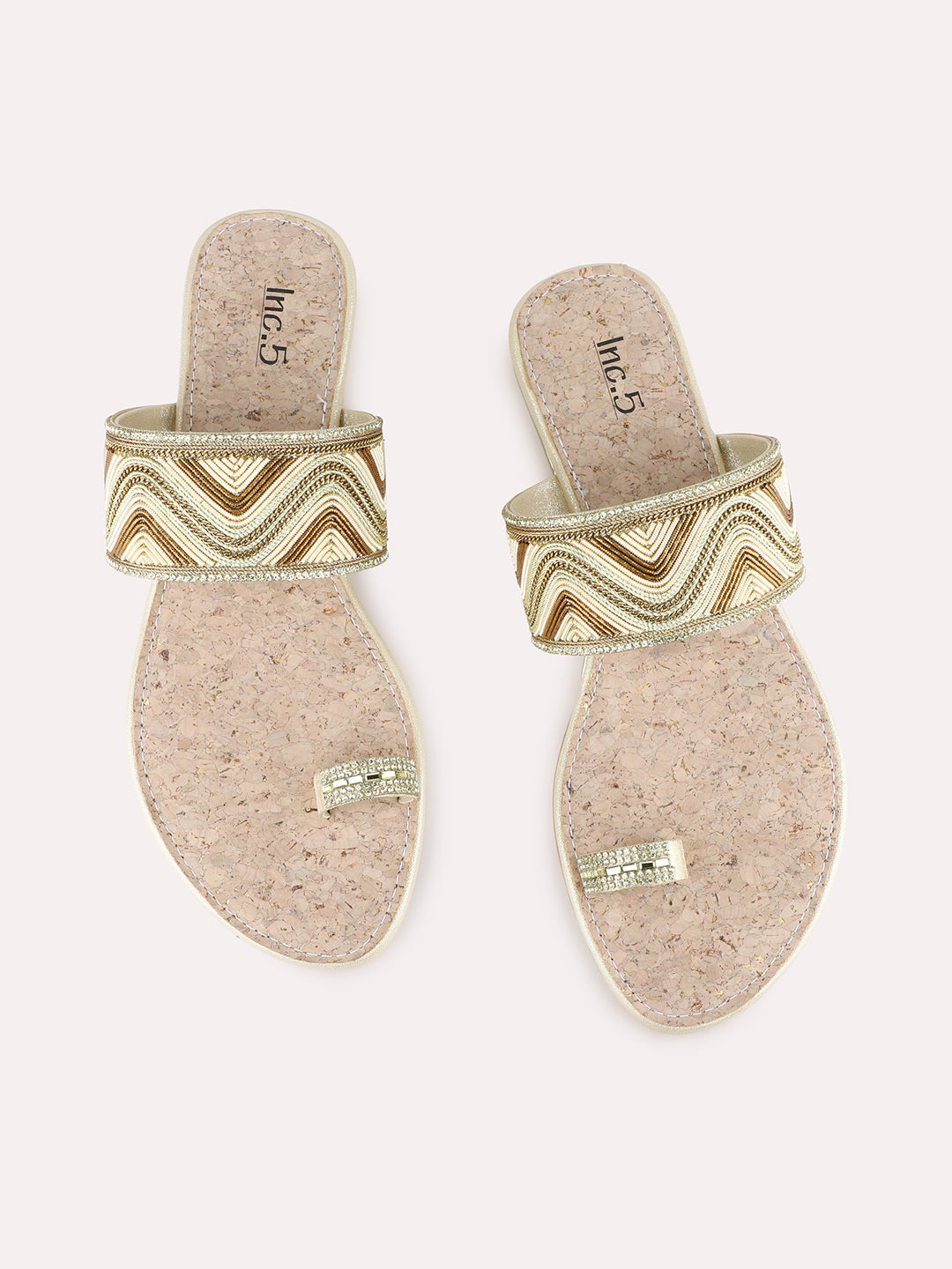 Women Golden Ethnic Embellished One Toe Slip-On Flat Sandals