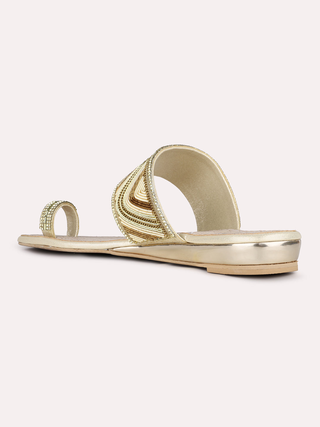 Women Golden Ethnic Embellished One Toe Slip-On Flat Sandals