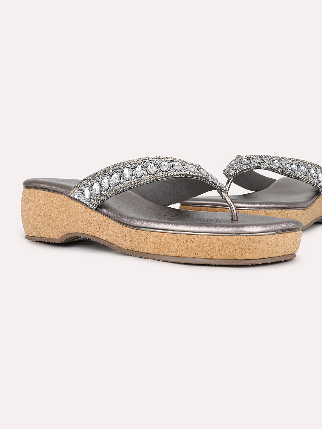 Women Pewter Casual Embellished Round Toe Wedge Heel Sandals