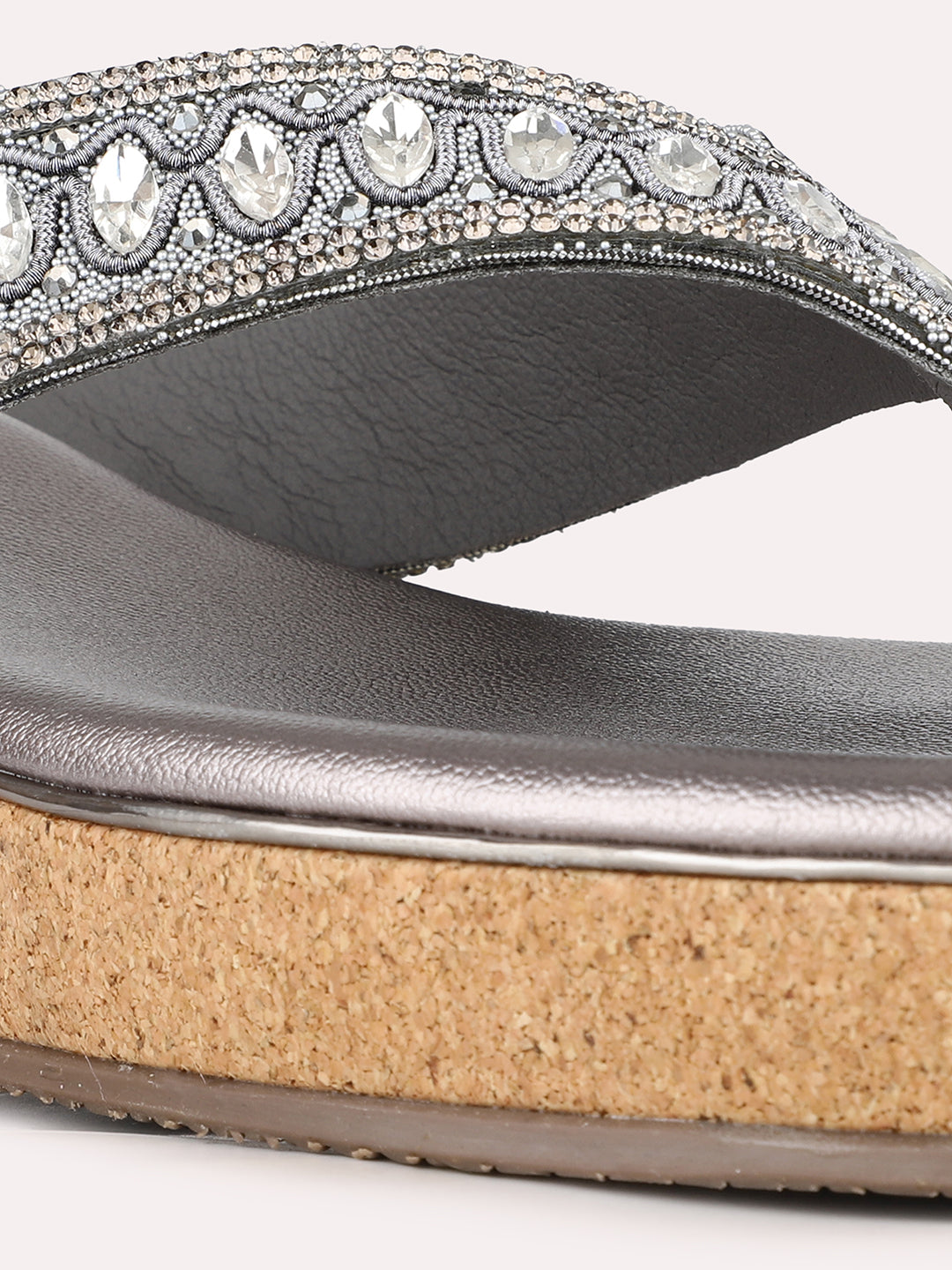 Women Pewter Casual Embellished Round Toe Wedge Heel Sandals