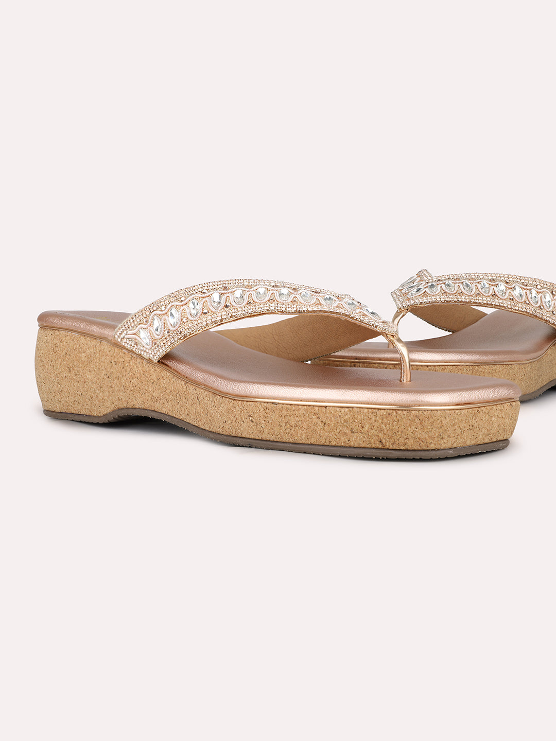 Women Rose Gold Casual Embellished Round Toe Wedge Heel Sandals