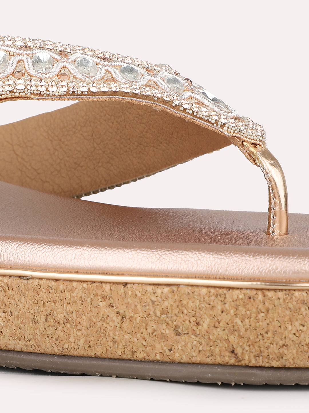 Women Rose Gold Casual Embellished Round Toe Wedge Heel Sandals