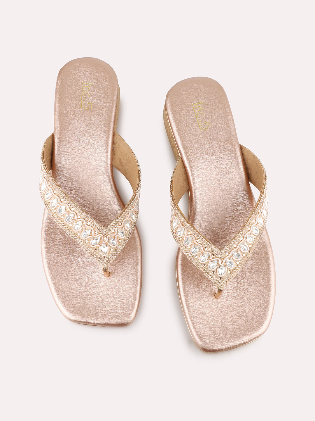 Women Rose Gold Casual Embellished Round Toe Wedge Heel Sandals