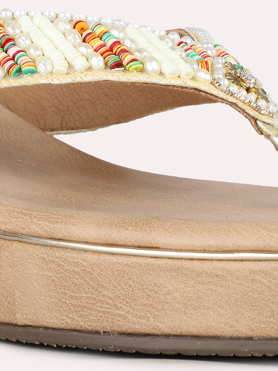 Women Golden Ethnic Embellished Round Toe Wedge Heel Sandals