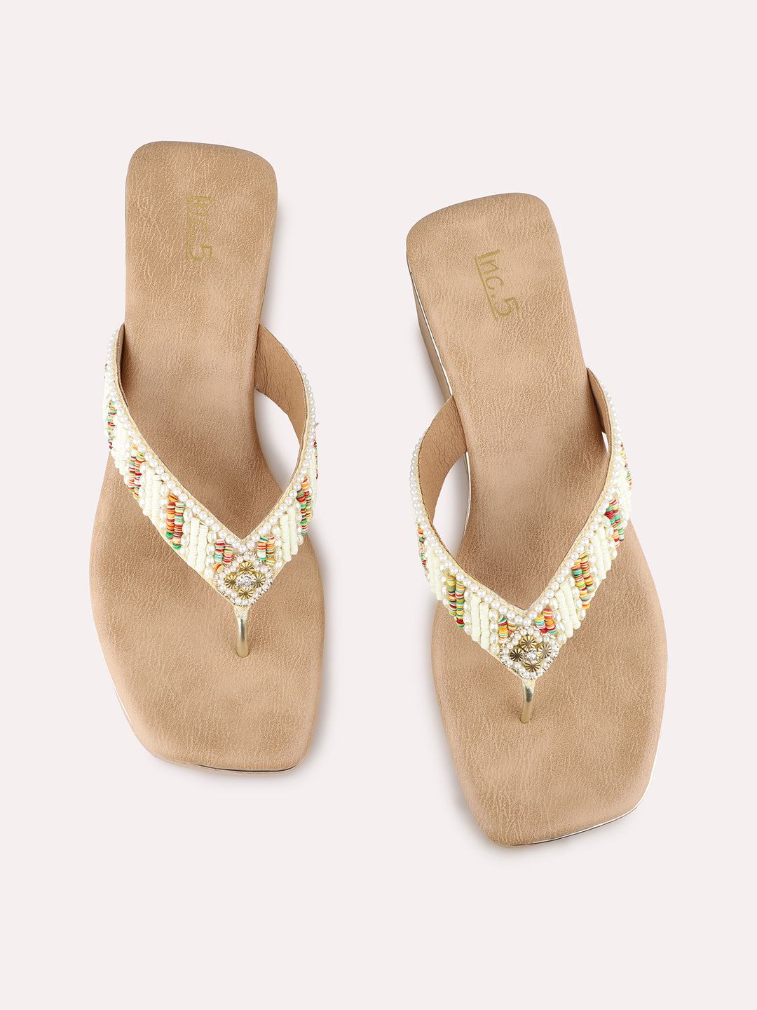 Women Golden Ethnic Embellished Round Toe Wedge Heel Sandals