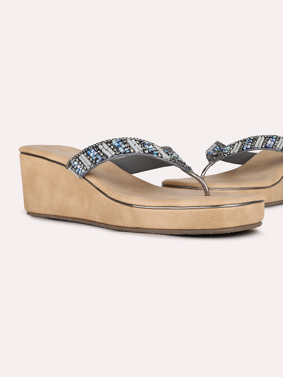 Women Pewter Party Wear Embellished Round Toe Wedge Heel Sandals