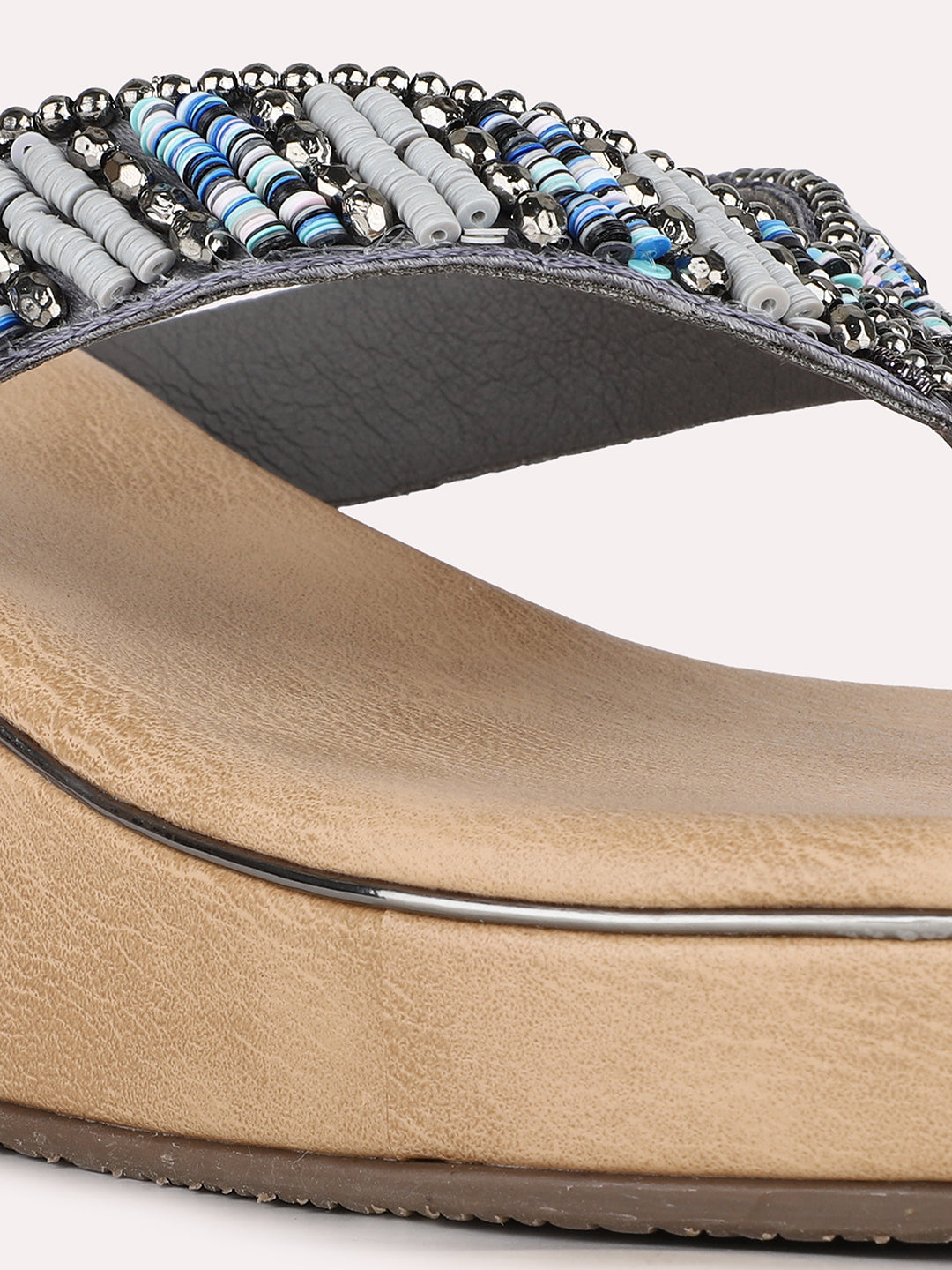 Women Pewter Party Wear Embellished Round Toe Wedge Heel Sandals