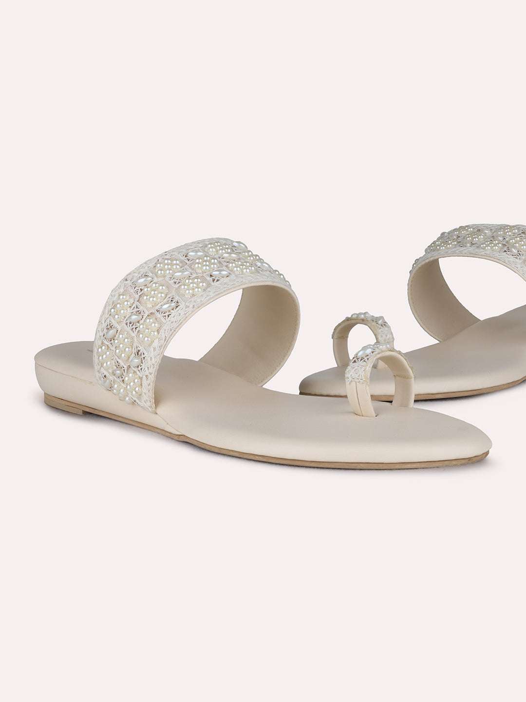 Womens Cream Ethnic Embellished One Toe Flat Slip-On Sandals