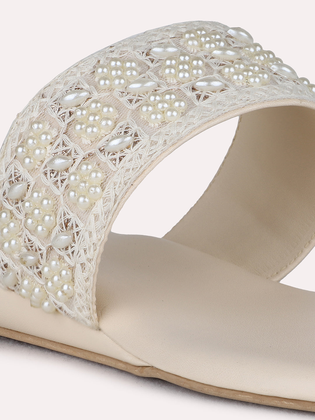 Womens Cream Ethnic Embellished One Toe Flat Slip-On Sandals