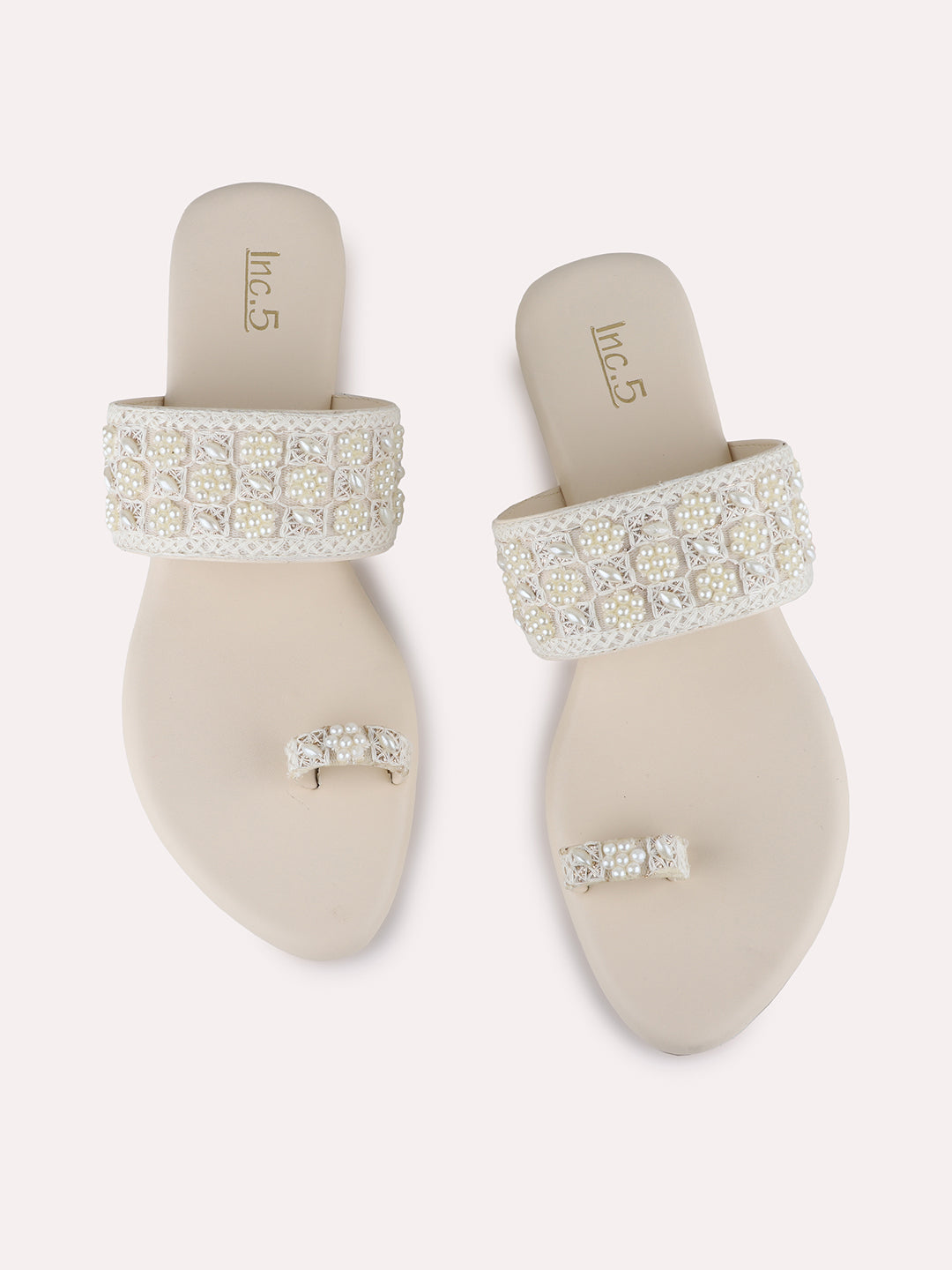 Womens Cream Ethnic Embellished One Toe Flat Slip-On Sandals