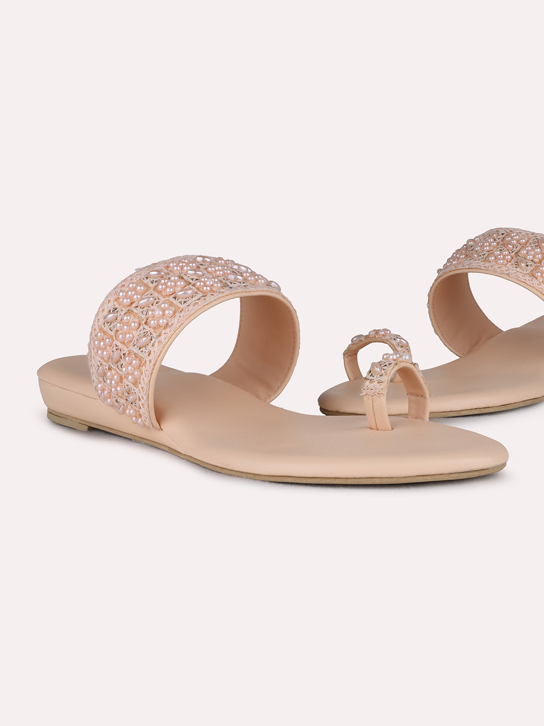 Womens Peach Ethnic Embellished One Toe Flat Slip-On Sandals