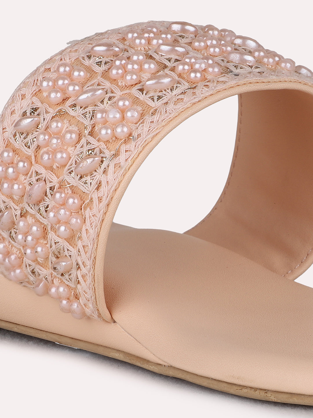 Womens Peach Ethnic Embellished One Toe Flat Slip-On Sandals