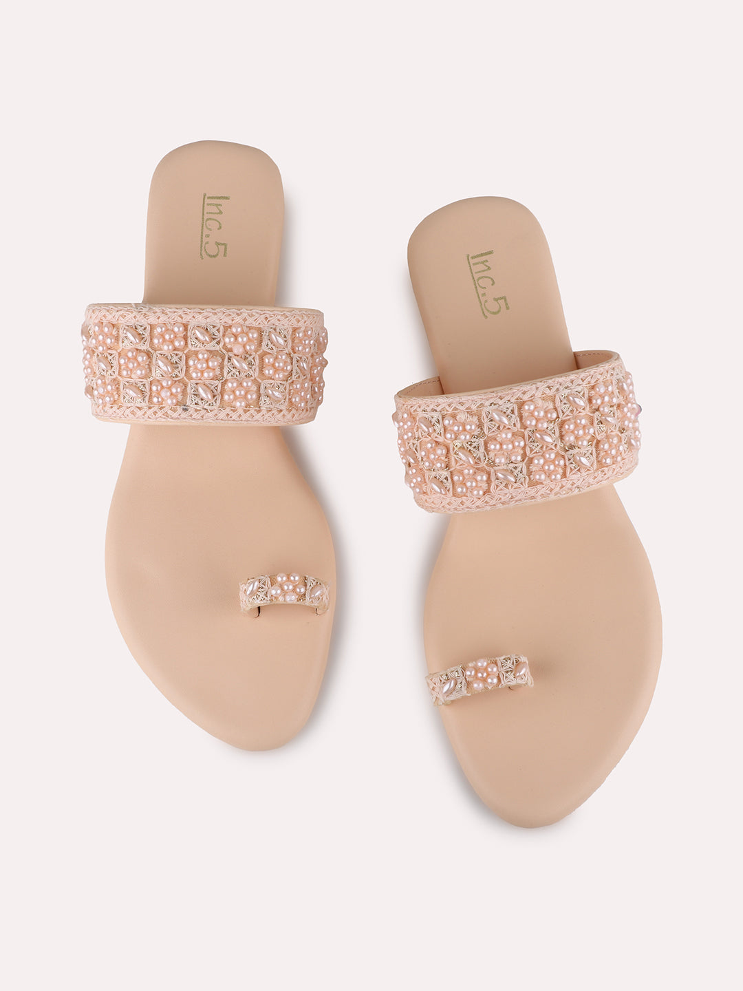 Womens Peach Ethnic Embellished One Toe Flat Slip-On Sandals