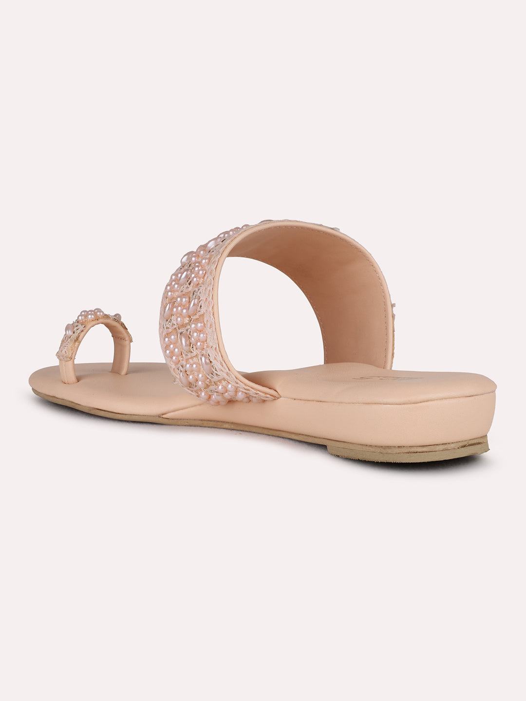 Womens Peach Ethnic Embellished One Toe Flat Slip-On Sandals