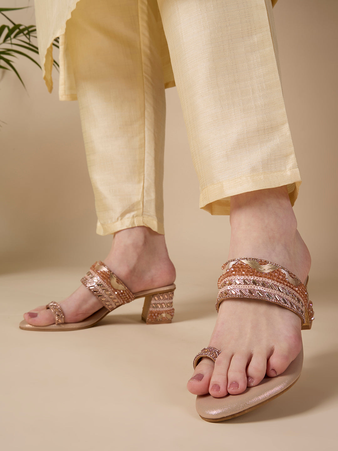 Womens Rose Gold Ethnic Embellished Round Toe Block Heels