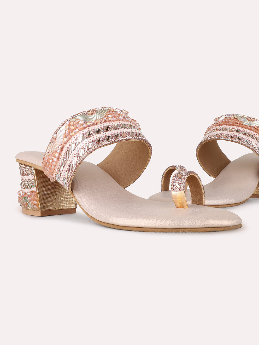 Womens Rose Gold Ethnic Embellished Round Toe Block Heels