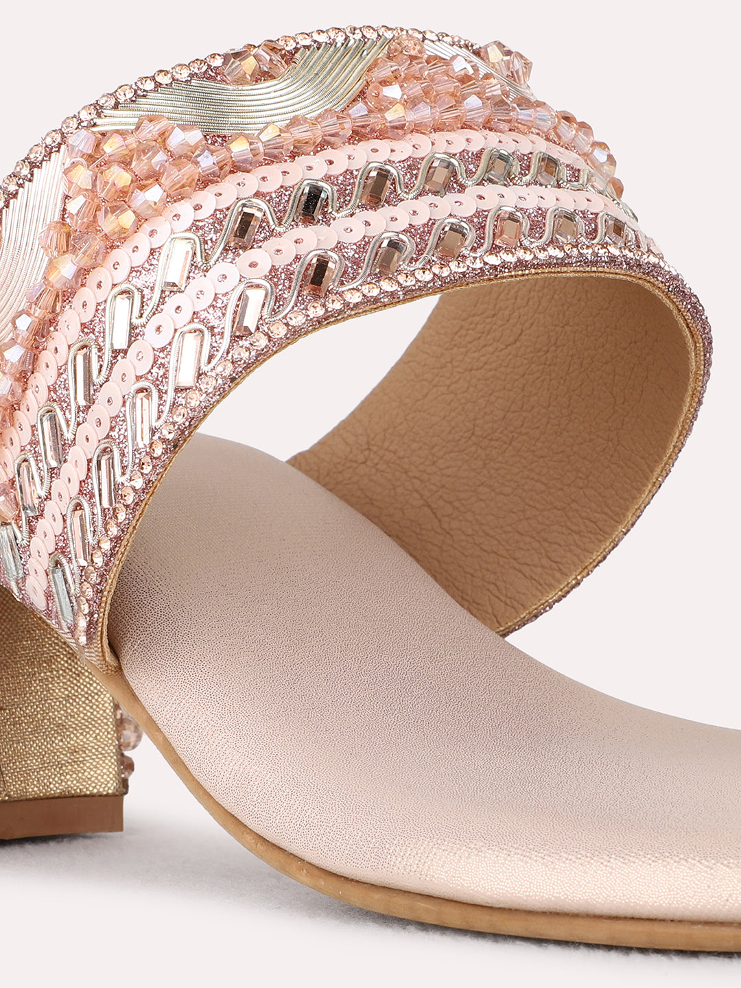 Womens Rose Gold Ethnic Embellished Round Toe Block Heels