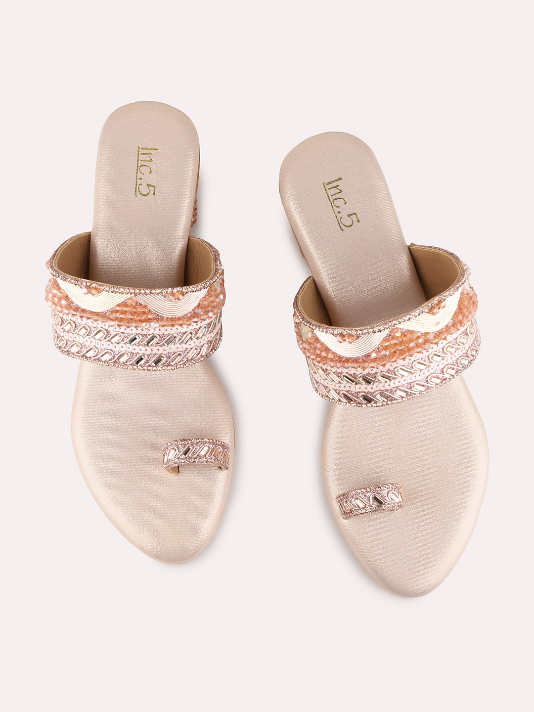 Womens Rose Gold Ethnic Embellished Round Toe Block Heels