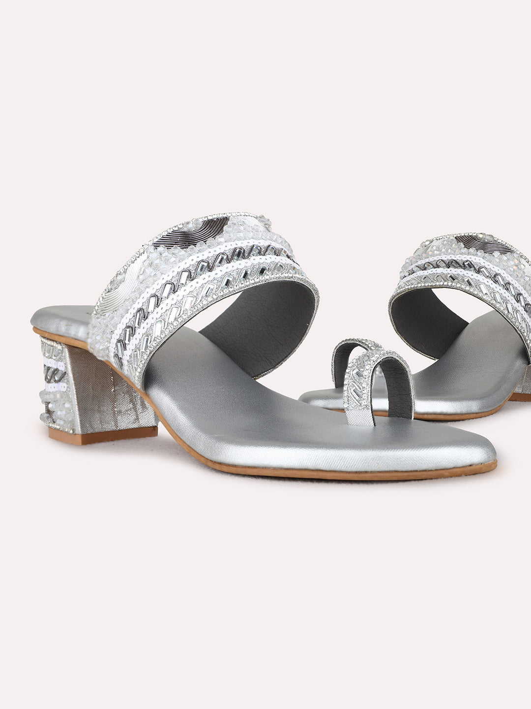 Womens Silver Ethnic Embellished Round Toe Block Heel Sandals