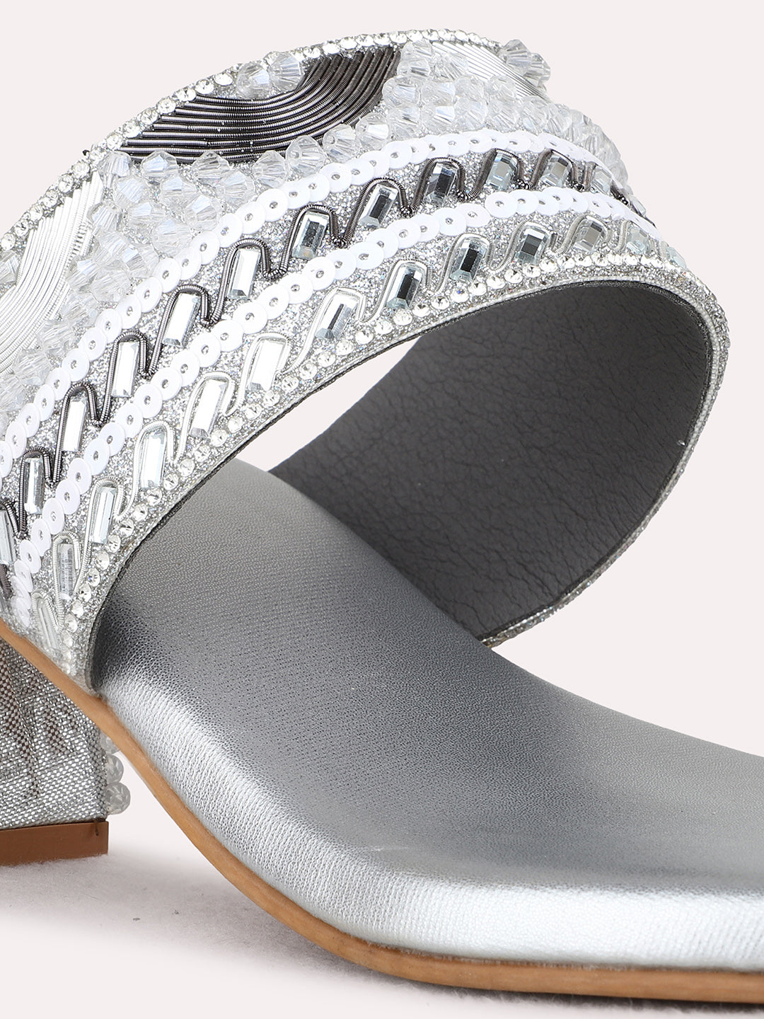 Womens Silver Ethnic Embellished Round Toe Block Heels