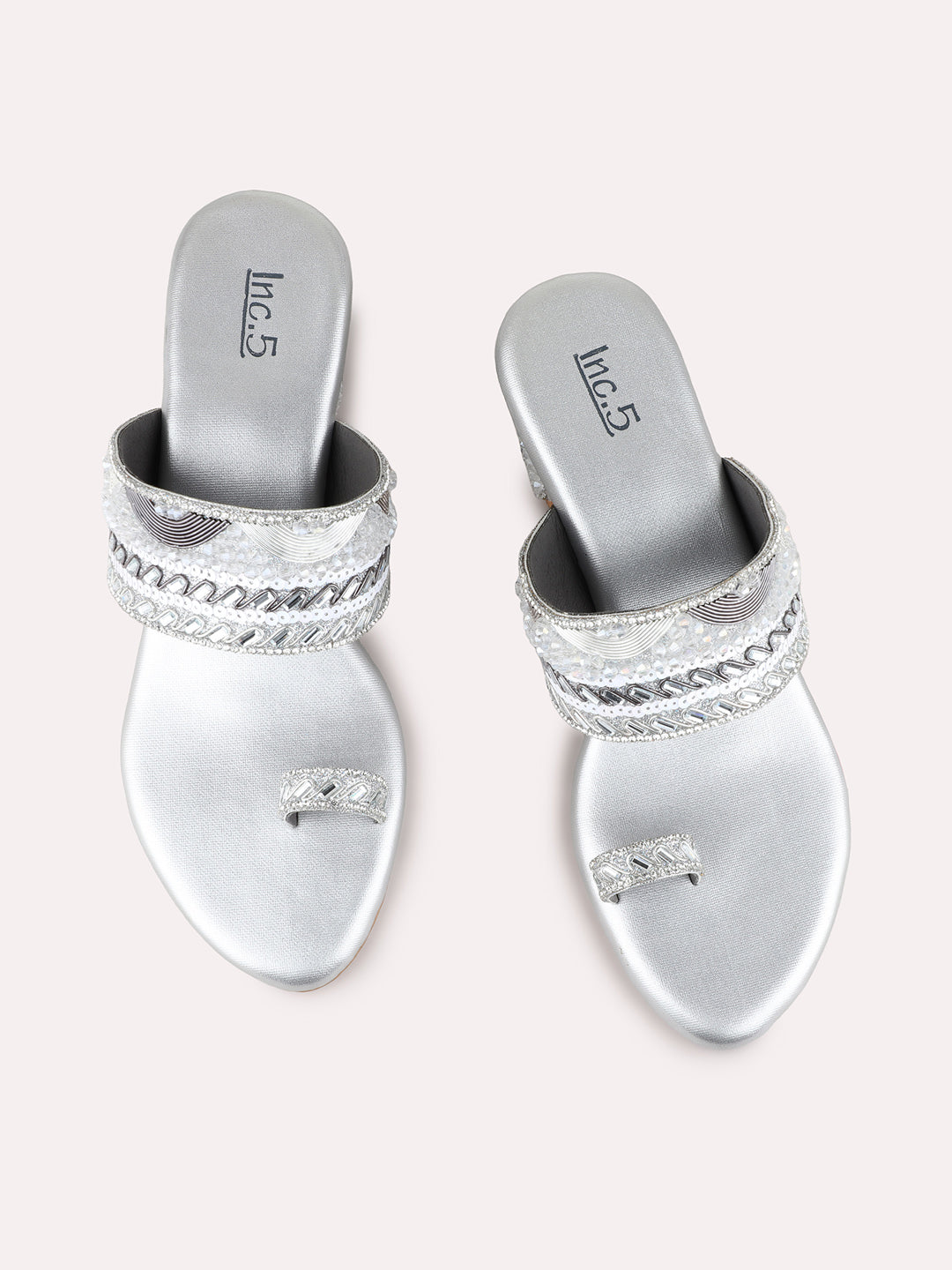 Womens Silver Ethnic Embellished Round Toe Block Heel Sandals