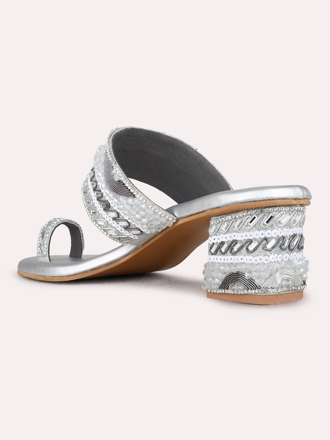 Womens Silver Ethnic Embellished Round Toe Block Heel Sandals