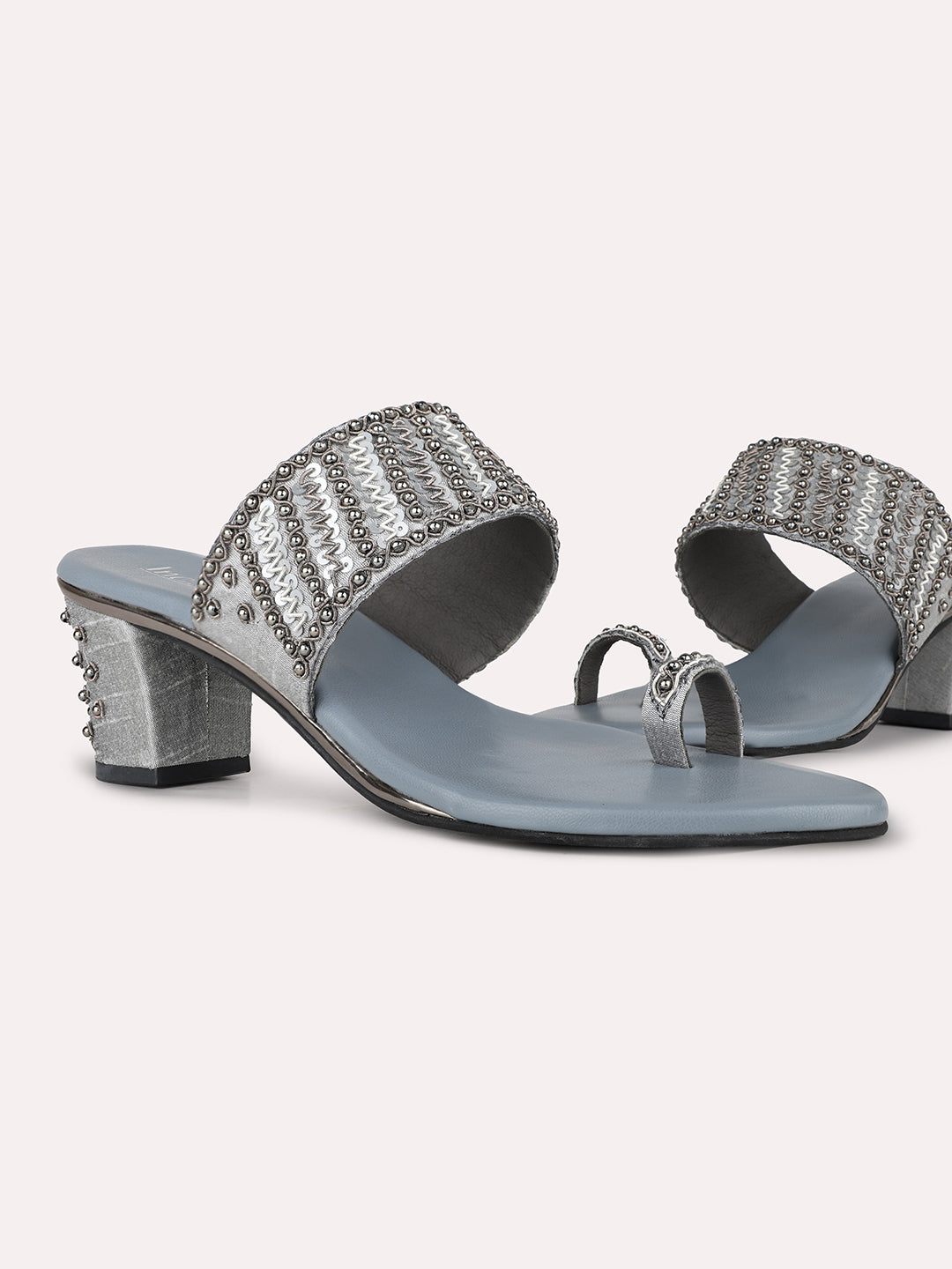 Women Grey Ethnic Embellished Pointed Toe Block Heel Sandals