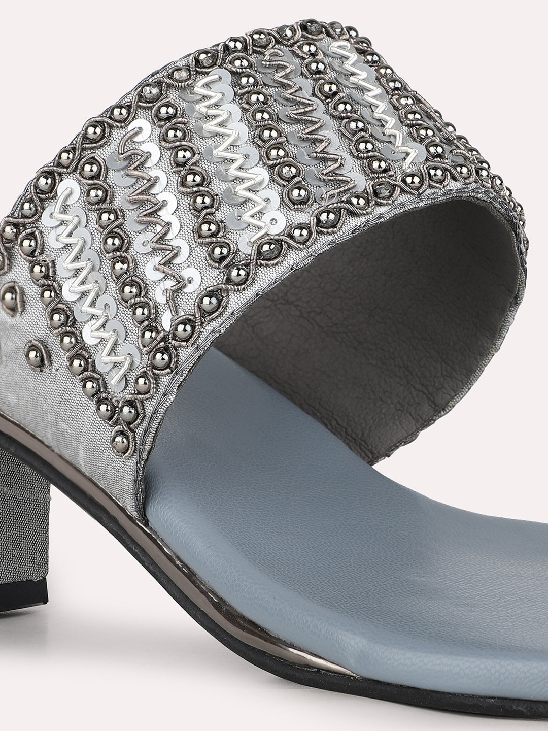 Women Grey Ethnic Embellished Pointed Toe Block Heels