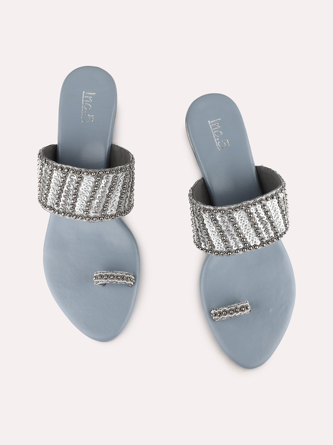 Women Grey Ethnic Embellished Pointed Toe Block Heel Sandals