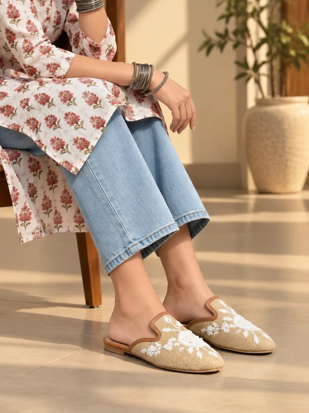Womens Beige Casual Printed Toe Flats Mules