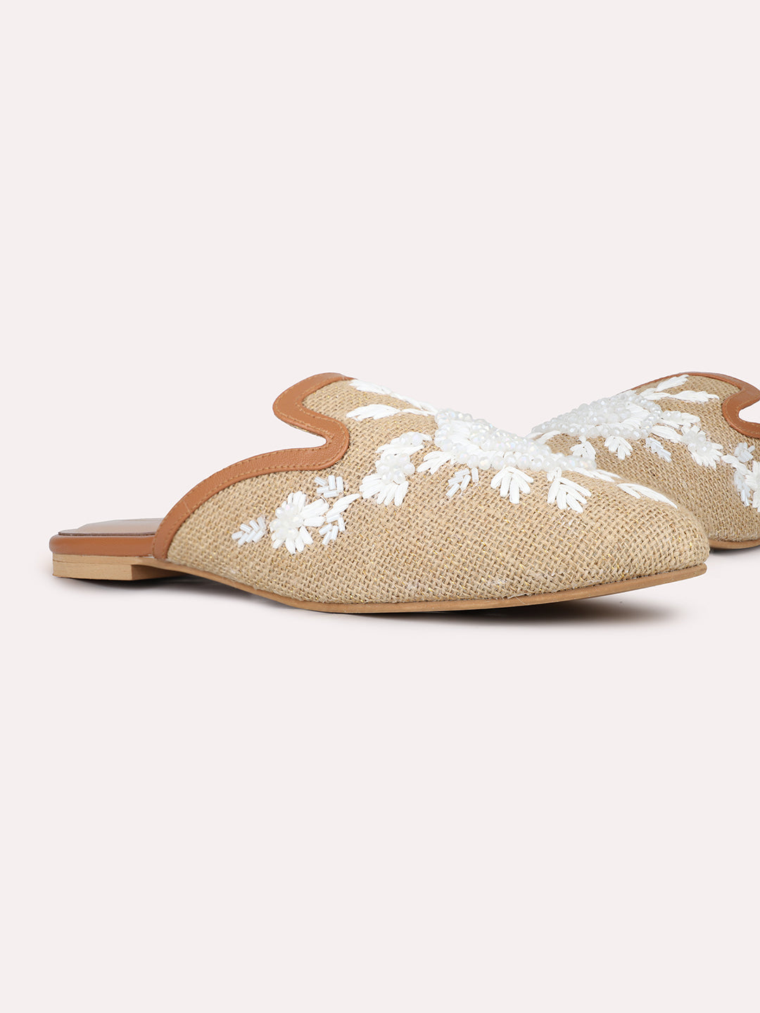 Womens Beige Casual Printed Toe Flats Mules