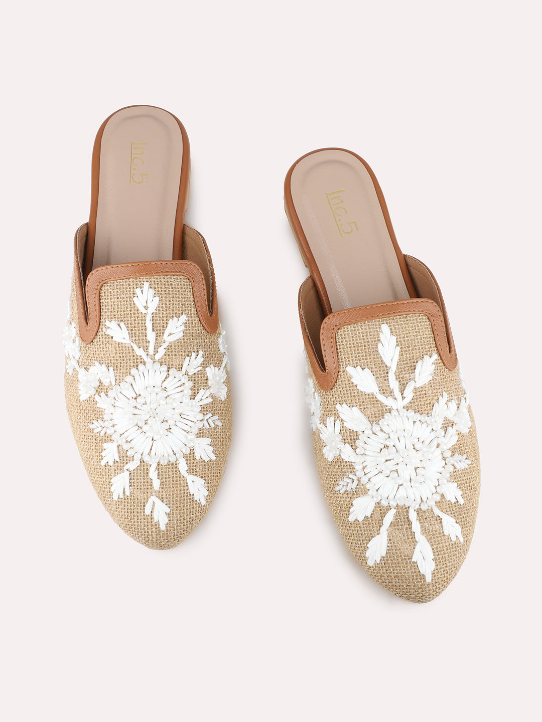 Womens Beige Casual Printed Toe Flats Mules