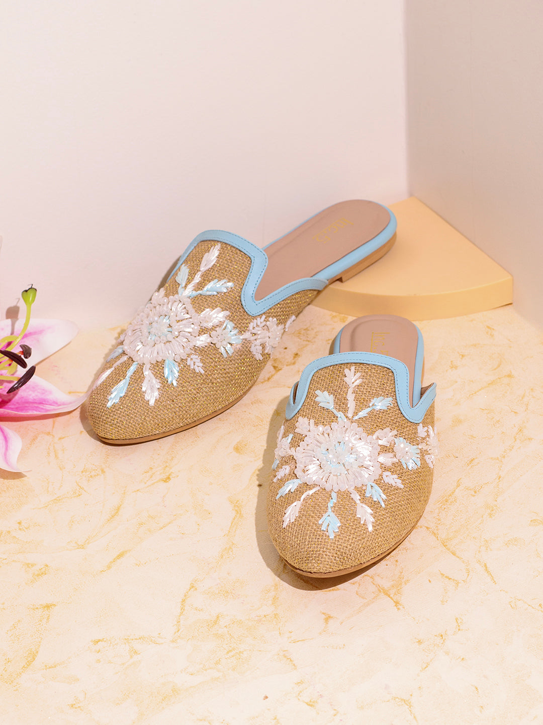 Womens Blue Casual Printed Toe Flats Mules