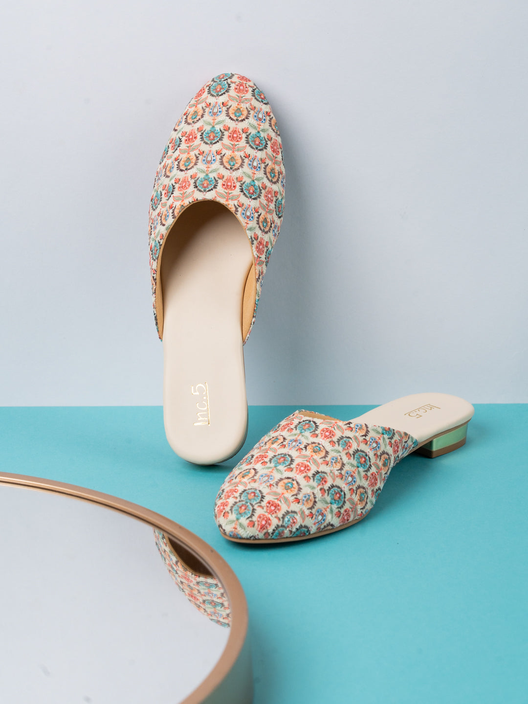 Womens Blue Ethnic Embellished Round Toe Flats