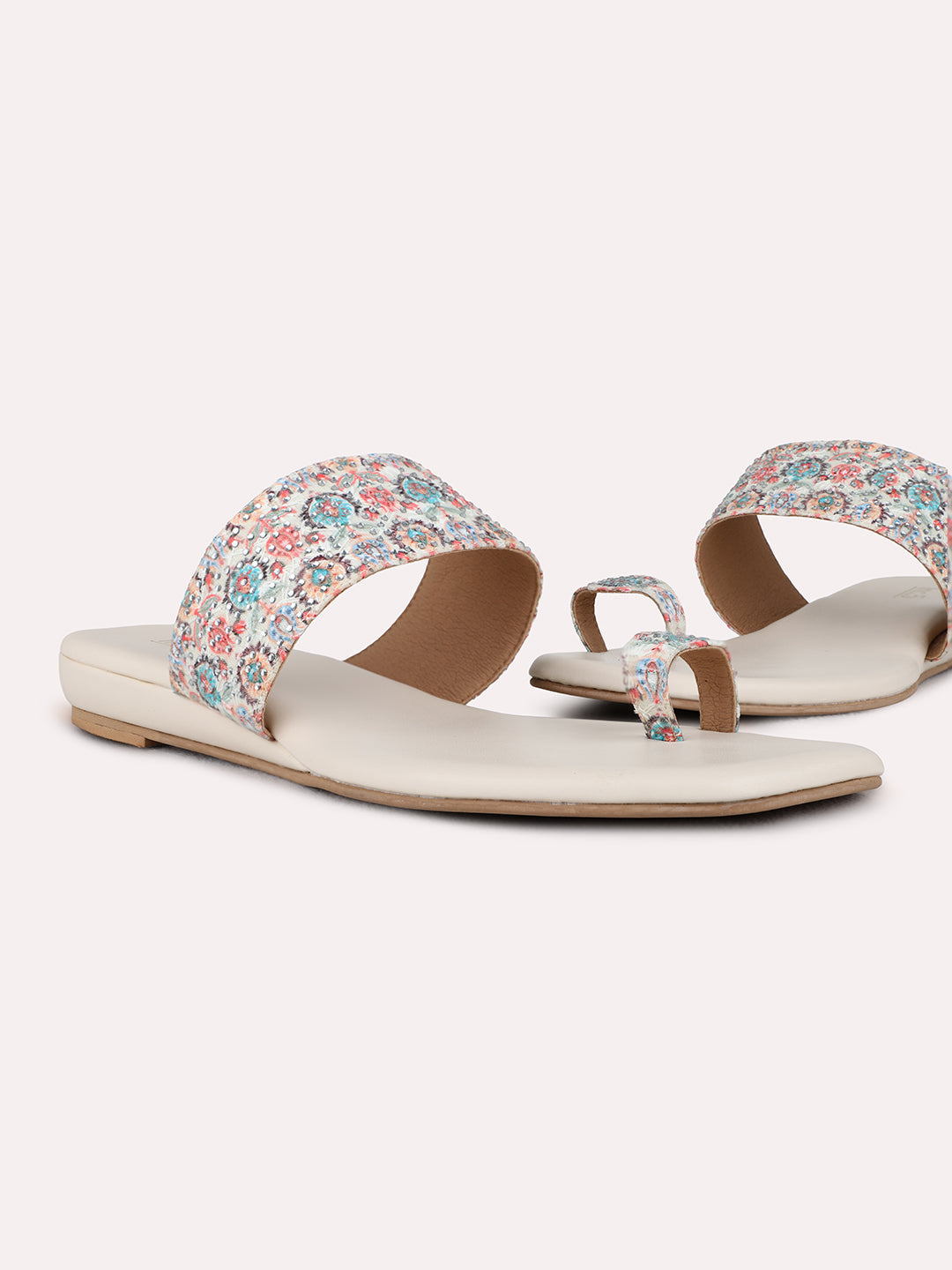 Womens Blue Casual Printed One Toe Flat Sandals