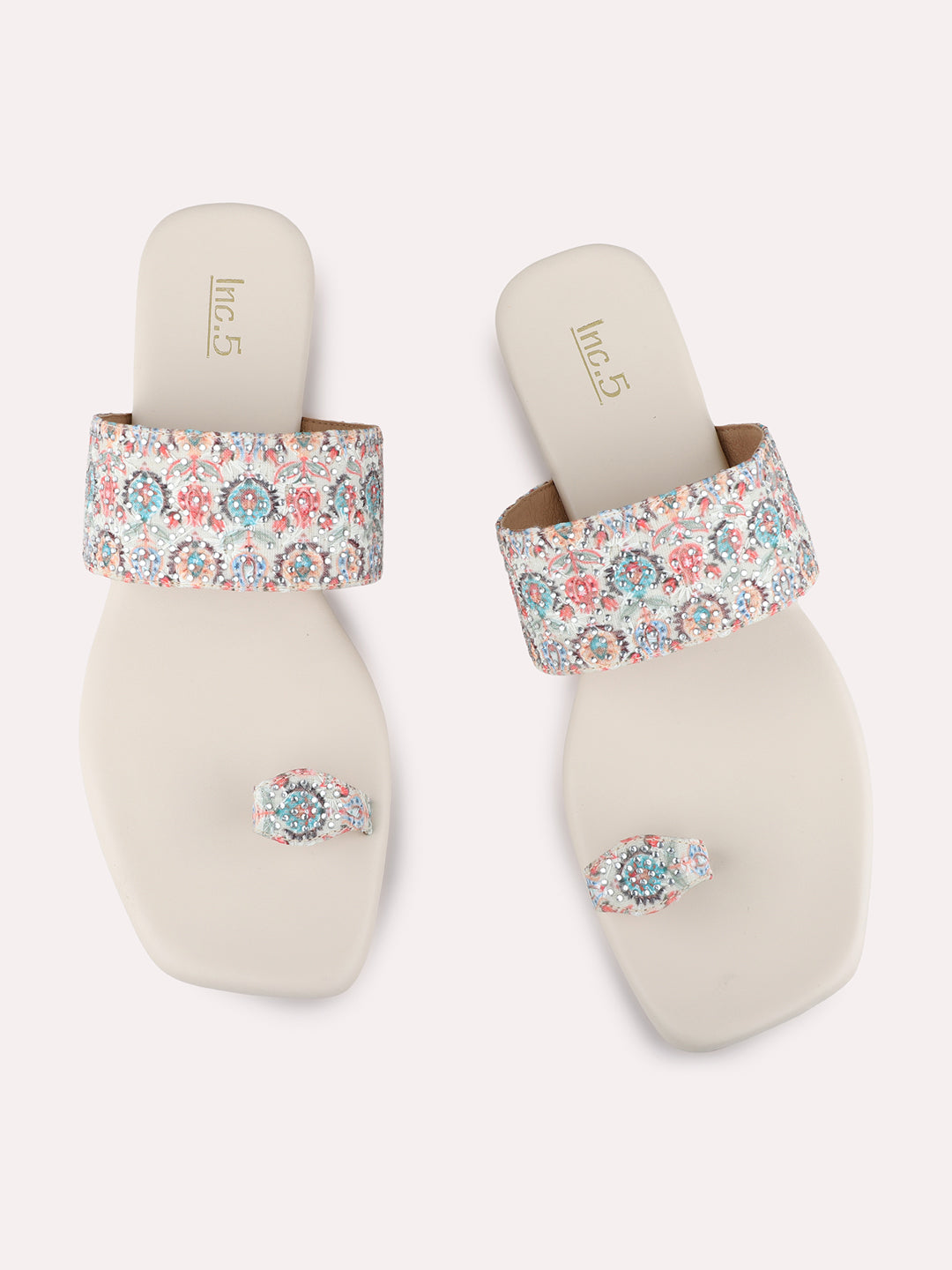 Womens Blue Casual Printed One Toe Flat Sandals