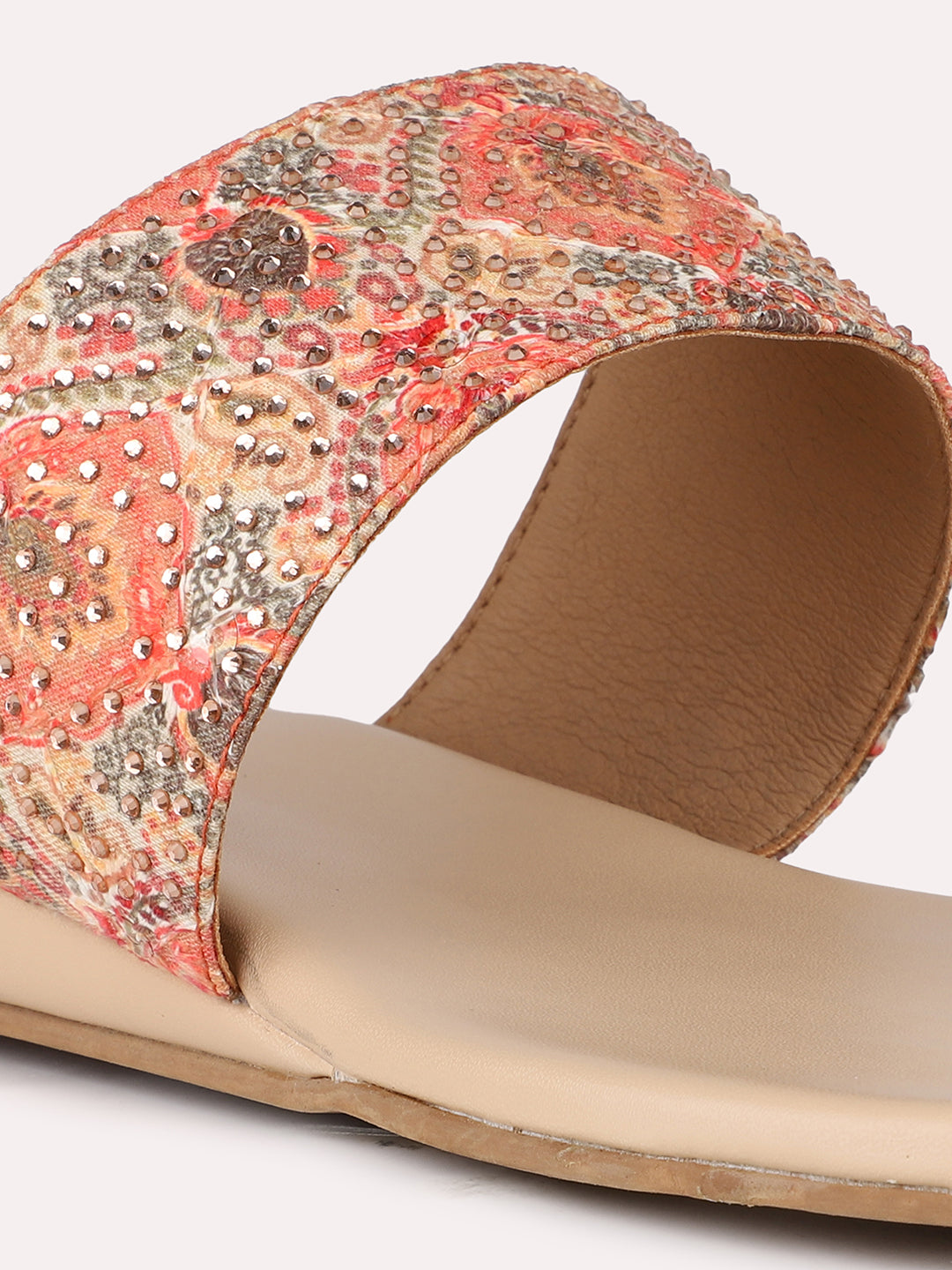 Womens Orange Ethnic Embellished One Toe Flat Slip-On Sandals