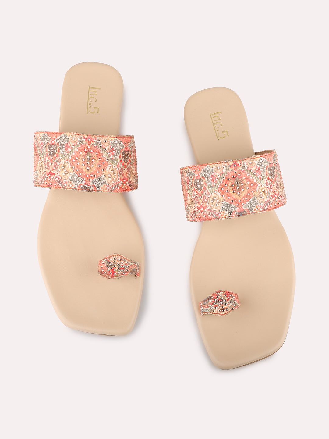 Womens Orange Ethnic Embellished One Toe Flat Slip-On Sandals