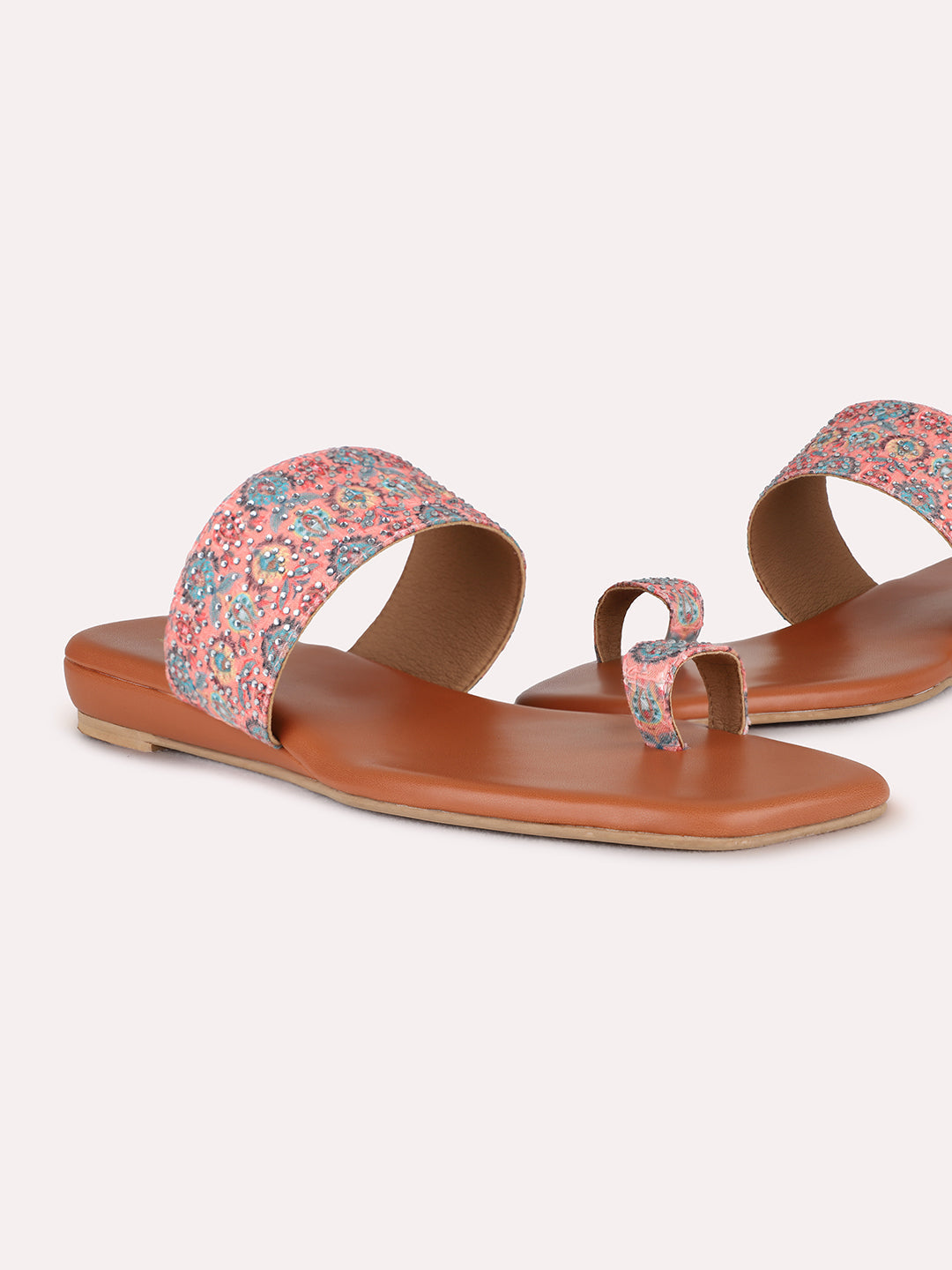 Womens Peach Ethnic Embellished One Toe Flat Slip-On Sandals