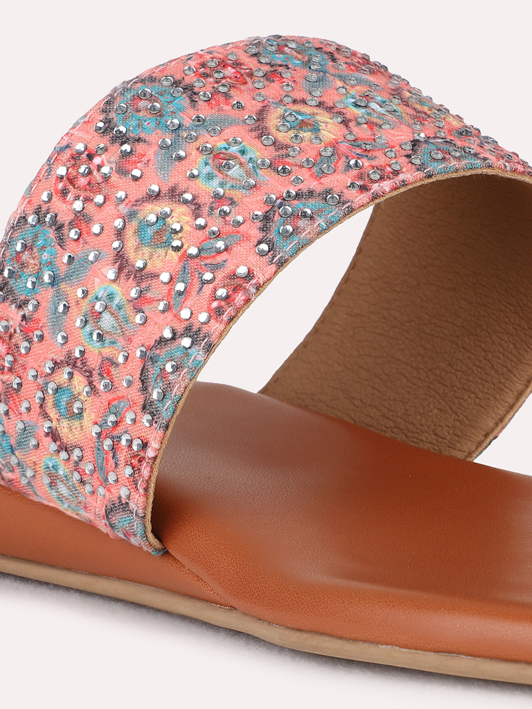 Womens Peach Ethnic Embellished One Toe Flat Slip-On Sandals