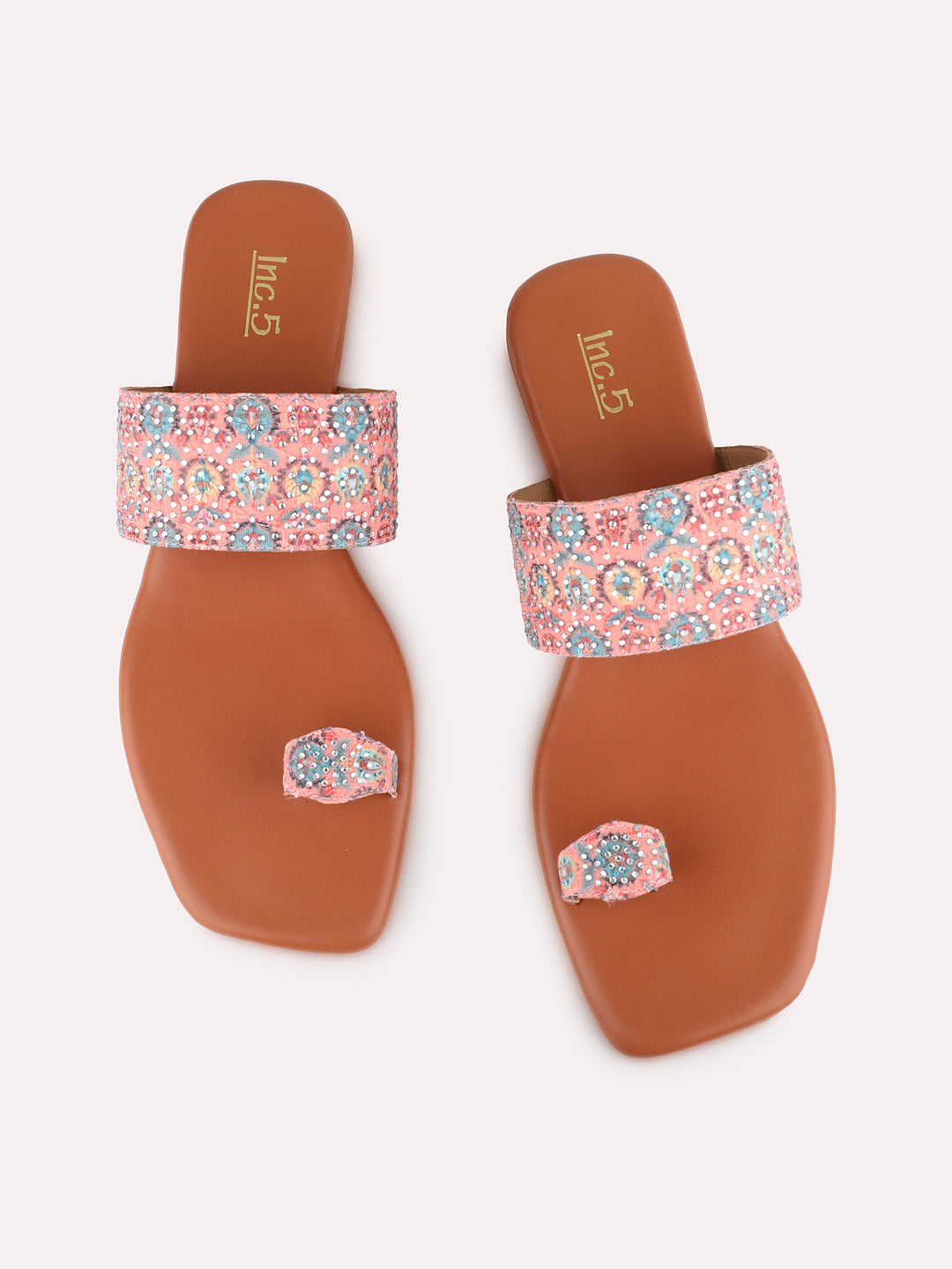 Womens Peach Ethnic Embellished One Toe Flat Slip-On Sandals