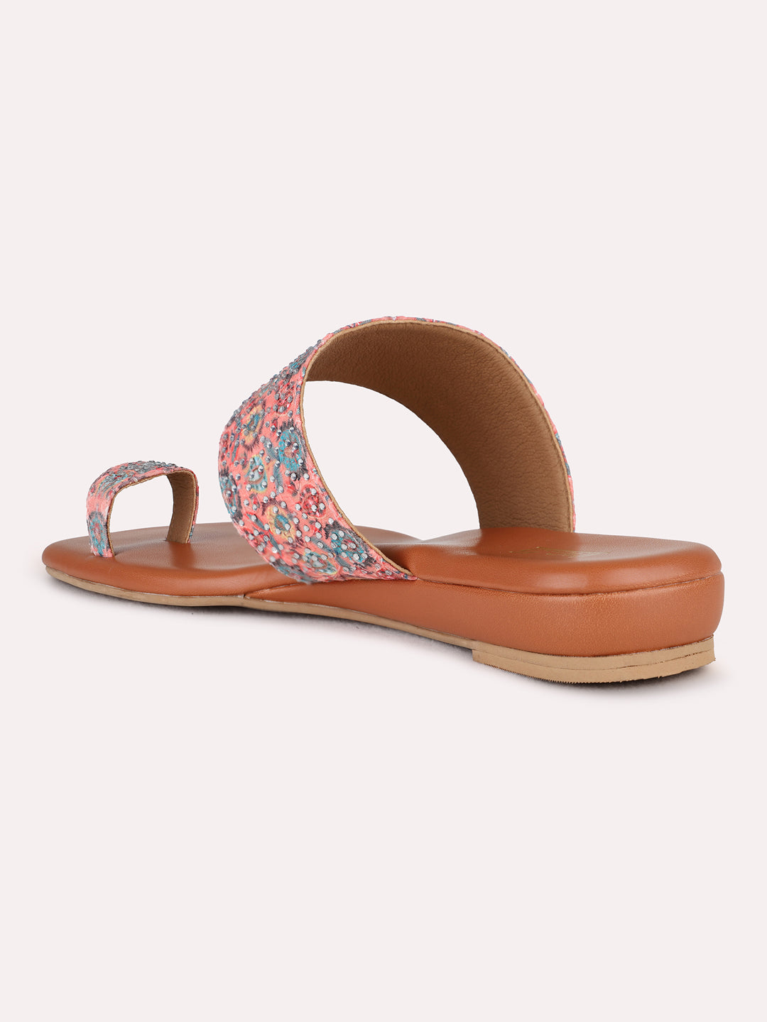 Womens Peach Ethnic Embellished One Toe Flat Slip-On Sandals