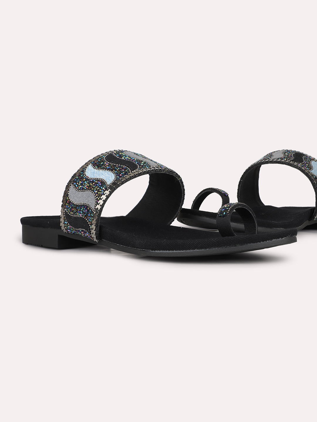 Womens Black Ethnic Embellished Pattern One Toe Slip-On Flat Sandals