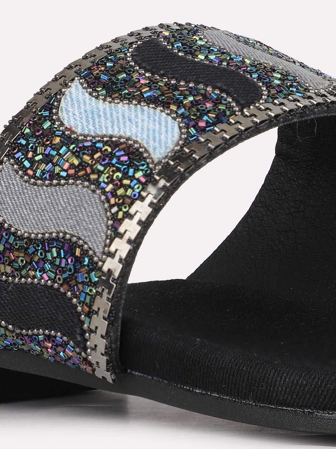 Womens Black Ethnic Embellished Pattern One Toe Slip-On Flat Sandals