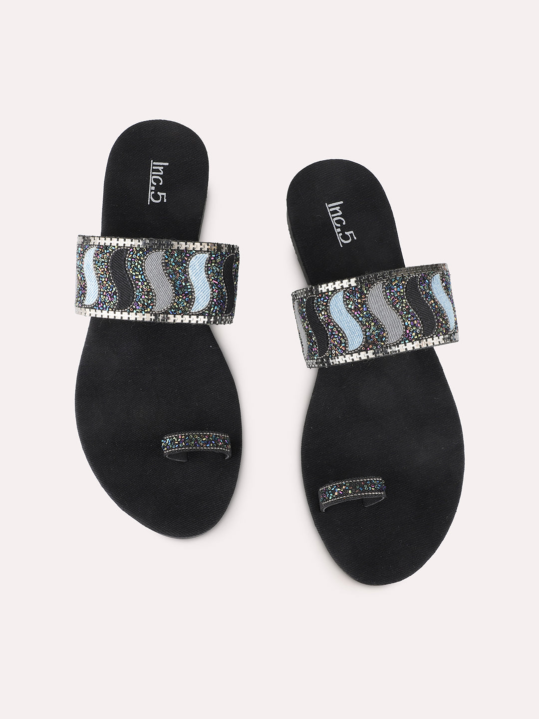 Womens Black Ethnic Embellished Pattern One Toe Slip-On Flat Sandals