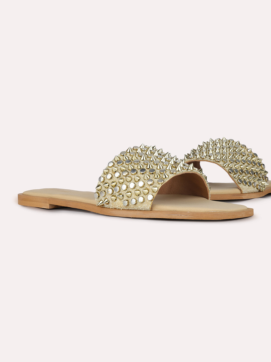 Womens Beige Ethnic Embellished Open Toe Slip-On Flat Sandals